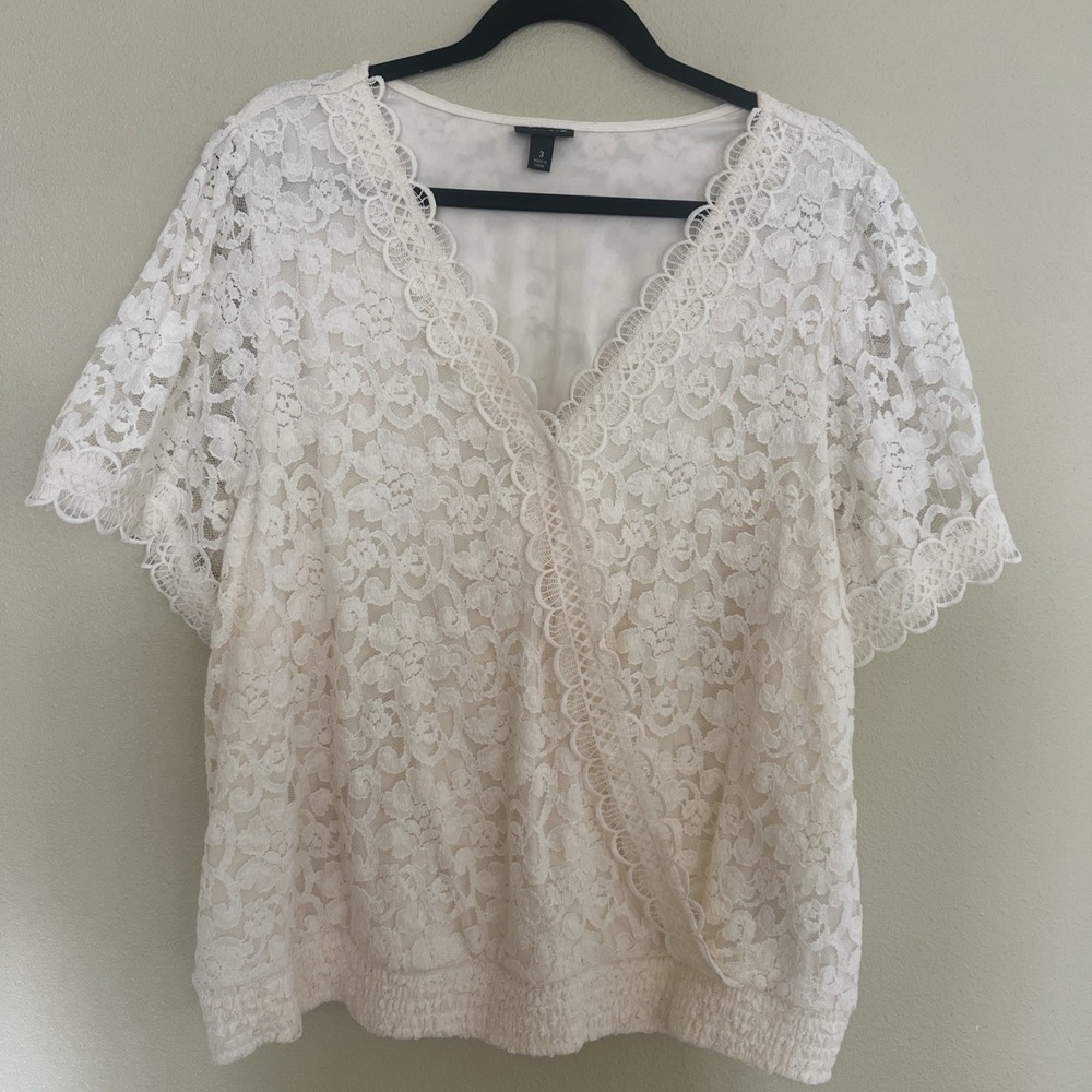 Torrid Lace Top Women 3 Off White V-Neck Short Sleeve Smocked Blouse Floral